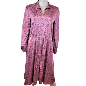 Vintage 70s Pink Floral Midi Dress Women 1X 18 Long Sleeve Nylon Collar Formal